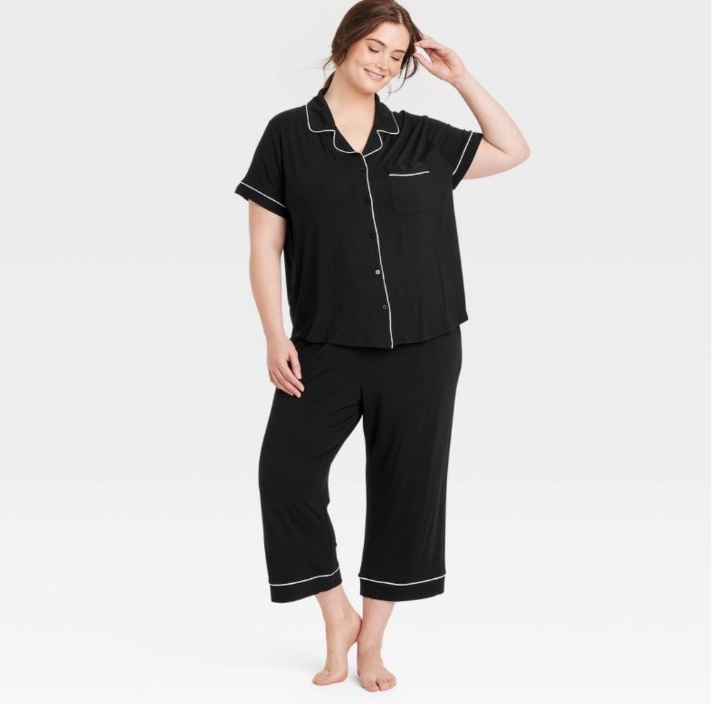 Auden Cloud Knit Pajama Pants Black White Piping Wide Leg Sleepwear XS New Crop